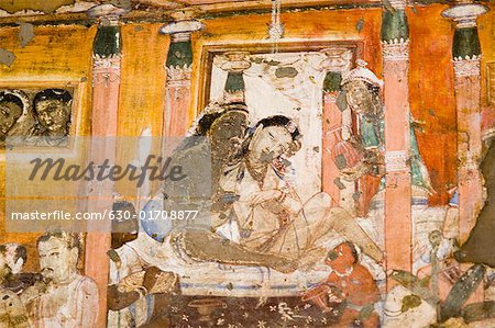 Nahaufnahme von einem Wandgemälde in eine Höhle, Ajanta, Maharashtra, Indien