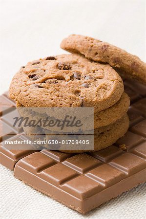 Close-up of brown biscuits on a chocolate bar