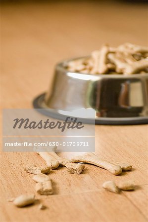 Dog biscuits on the floor with dog biscuits in a dog bowl in the background