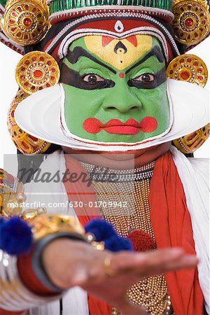 Close-up of a Kathakali dance performer