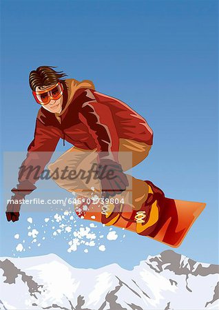 Young man on his snowboard in the air