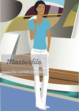 Jeune homme à la peau foncée se promenant sur le pont d'un bateau Jeune homme à la peau foncée se promenant sur le pont d'un bateau