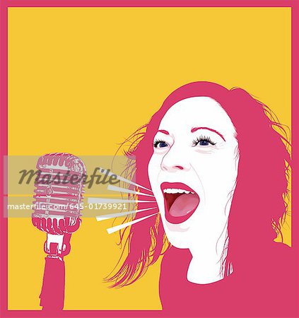 Woman singing with an old fashioned mic