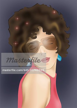 Portrait of a hip young woman with curly hair and large sunglasses