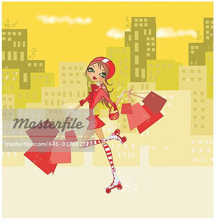 Young woman on rollerskates holding many shopping bags