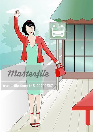 Woman at bus station flagging down the bus