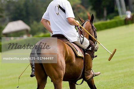 Rear view of a man playing polo