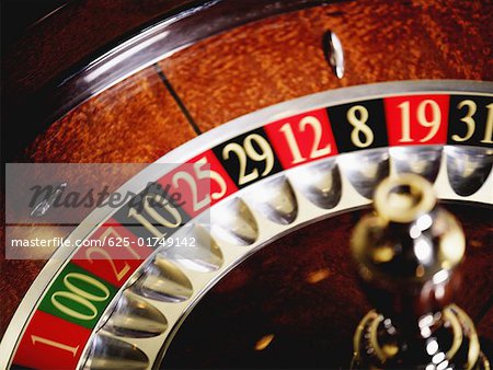 Close-up of a roulette wheel in a casino