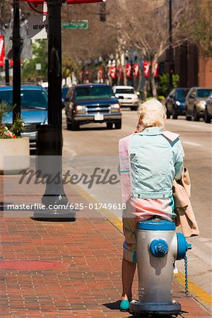 Rear view of a person sitting on a fire hydrant, Orlando, Florida, USA