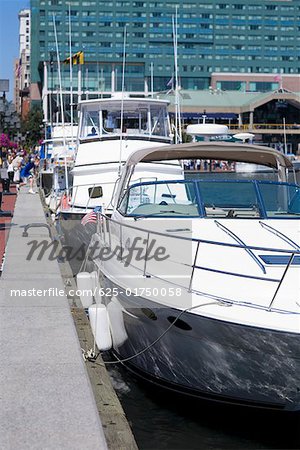 Motorboats moored at a harbor, Inner Harbor, Baltimore, Maryland USA