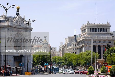 Traffic on a road in front of buildings, Gran Via, Madrid, Spain