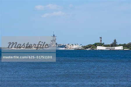 Military ship near a memorial building, USS Arizona Memorial, Pearl Harbor, Honolulu, Oahu, Hawaii Islands, USA