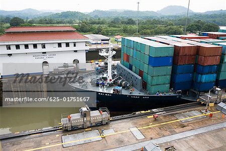 Cargo containers in a container ship at a commercial dock, Miraflores Locks, Panama Canal, Panama