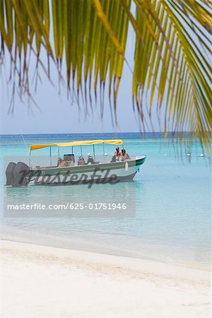 Tourists traveling in a tourboat in the sea, Honduras