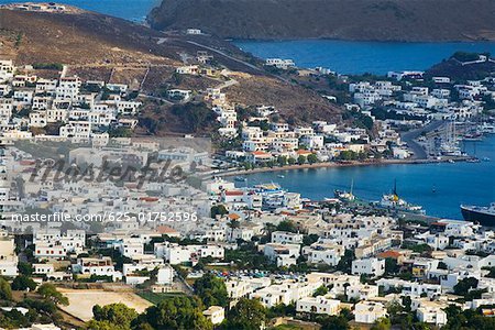 High angle view of a cityscape, Skala, Patmos, Dodecanese Islands Greece