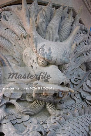 Close-up of a dragon carved in a monastery, Po Lin Monastery, Ngong Ping, Lantau, Hong Kong, China