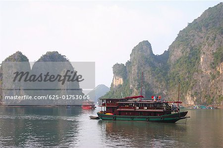 Tourboats in a bay rock formations in the background, Halong Bay, Vietnam