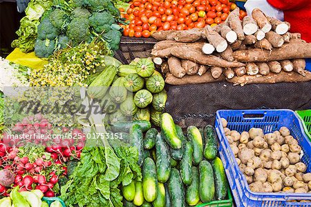 High angle view of assorted vegetables at a market stall, Ica Ica Region, Peru