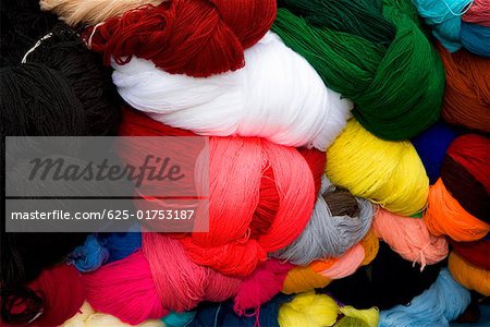 Close-up of bundles of wool, Pisaq, Cuzco, Peru