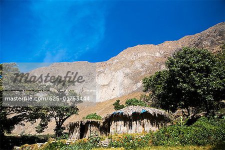 Bäume und strohgedeckten Hütten vor einem Hügel, Sangalle Oase, Colca Canyon, Peru