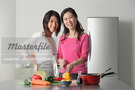 Mère et fille adulte dans la cuisine à préparer un repas, en regardant la caméra