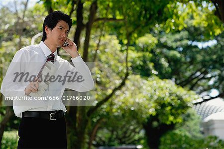 Ein Mann spricht auf seinem Handy im park