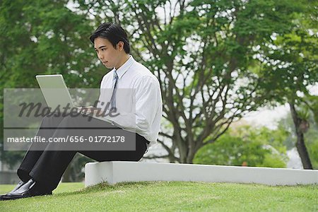 Young businessman sitting in park using laptop