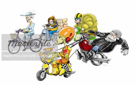 Various two-wheeled vehicles and their owners
