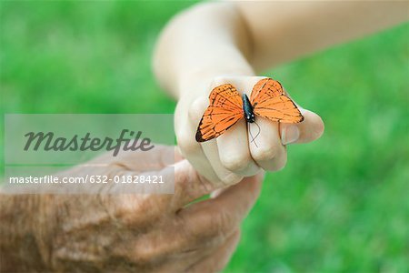 Child with butterfly on hand, holding man's finger