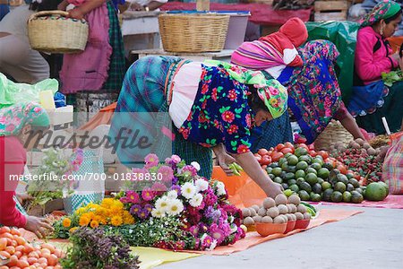 Femme prépare des légumes au marché, Oaxaca, Mexique