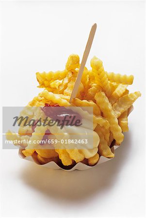 Crinkle Cut French Fries in a Carton with Ketchup and Mayonnaise