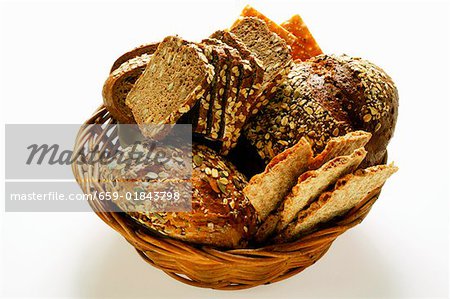 Various types of wholemeal bread & crispbread in bread basket