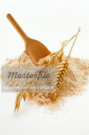 Wholemeal flour with wooden scoop and cereal ears