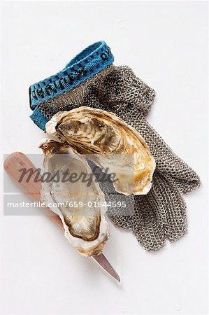 Opened oyster, oyster knife and oyster glove