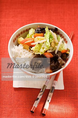 Vegetables and mushrooms cooked in wok on rice (Asia)