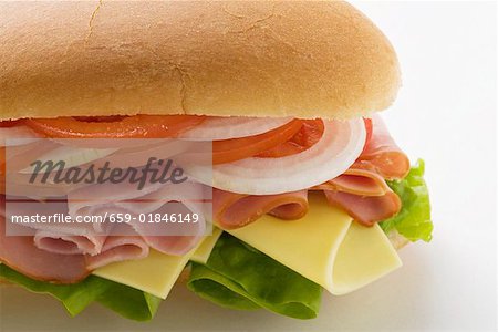 Ham, cheese, tomato and onion in sub sandwich