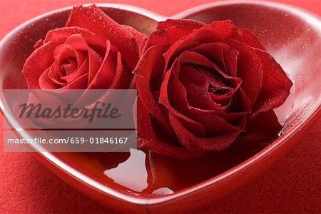 Roses rouges dans un bol en forme de coeur