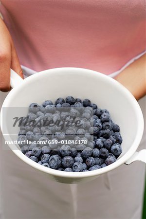 Person holding pan of fresh blueberries