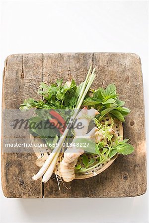 Fresh Thai herbs and spices in basket