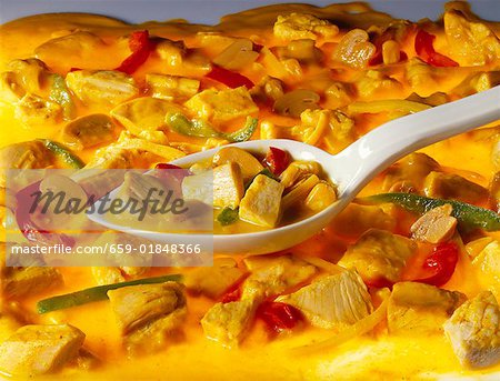 Curry Huhn mit Pilzen und Paprika-Streifen