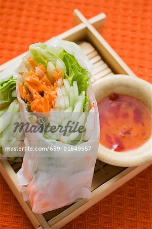 Rice paper rolls with vegetable filling and dip Rice paper rolls with vegetable filling and dip
