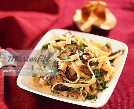 Ribbon pasta with mushrooms and parsley