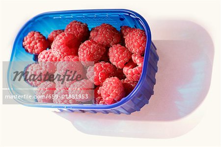 Himbeeren in einem blauen Plastikbehälter