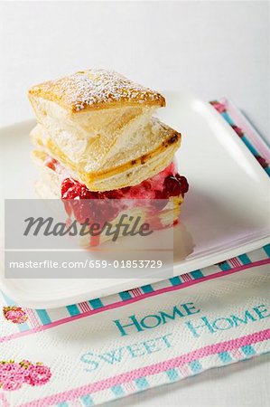 Puff pastry filled with raspberry ice cream & raspberry sauce