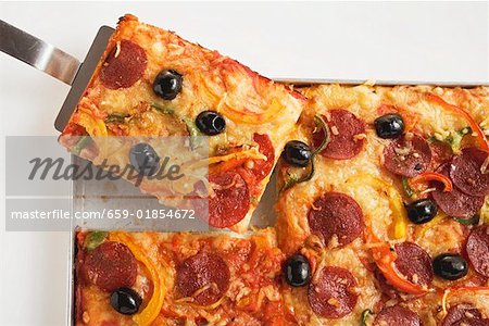 Salami pizza with peppers and olives