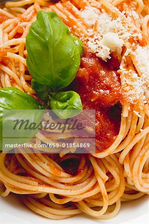Spaghetti avec sauce tomate, basilic et fromage