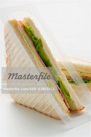 Ham and cheese sandwiches in packaging