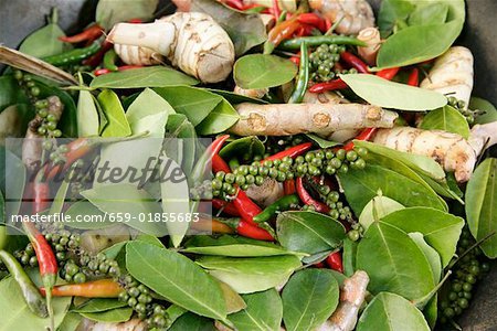 Various spices and bay leaves