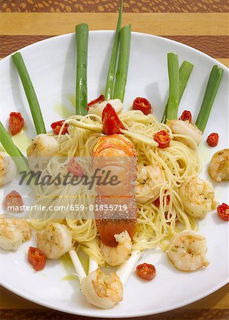 Bahian spaghetti with shrimps and spiny lobster