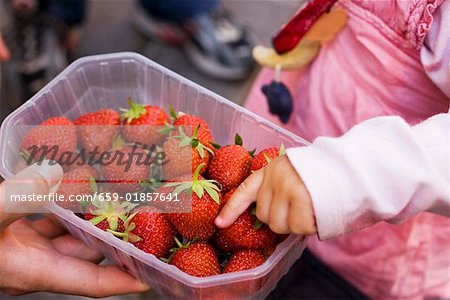 Main de l'enfant atteignant des fraises dans une barquette en plastique